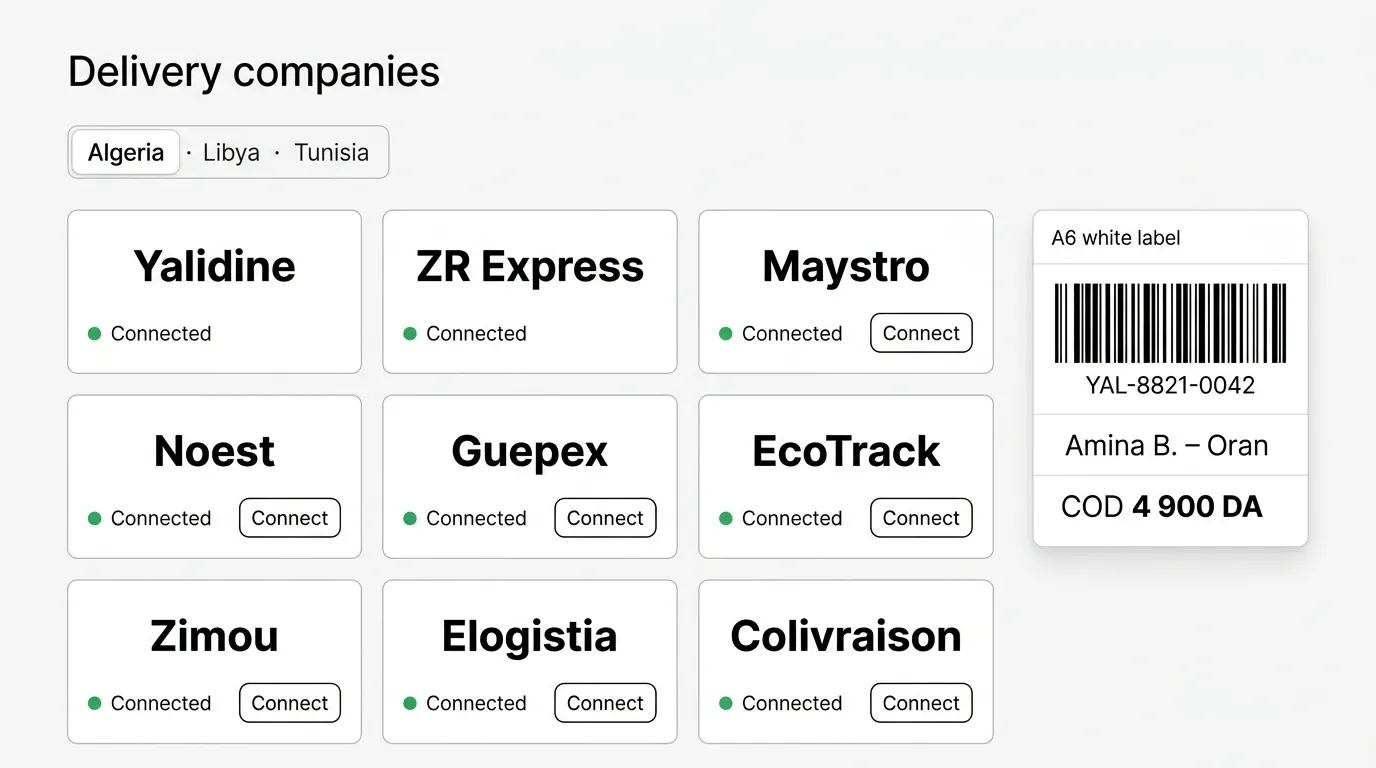 Delivery integrations grid with connected carriers and a shipping label