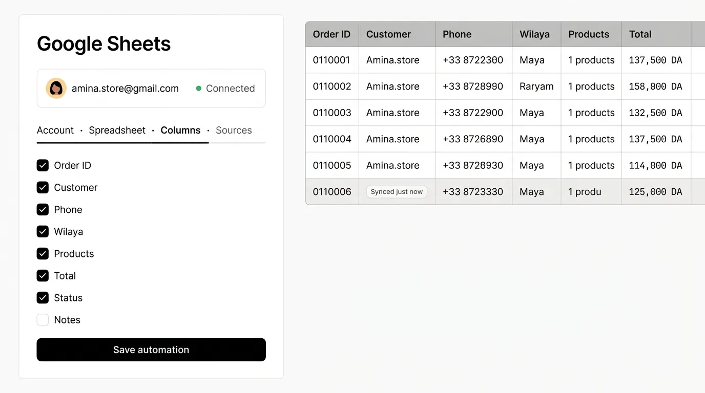 Google Sheets integration wizard with column mapping and synced rows