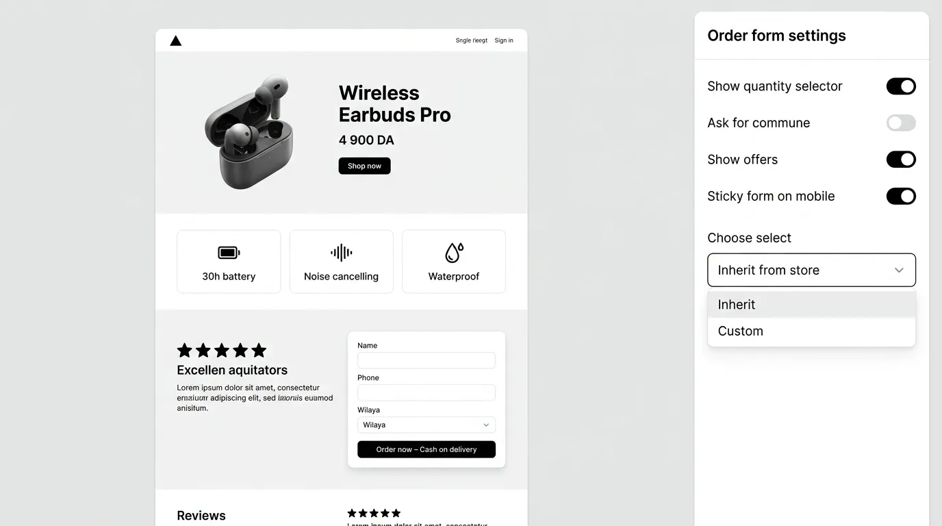Single-product landing page next to its order form settings