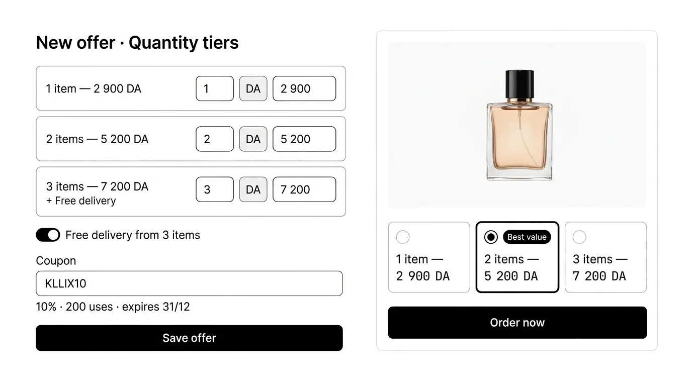 Offer builder with quantity tiers, coupon code and product page preview