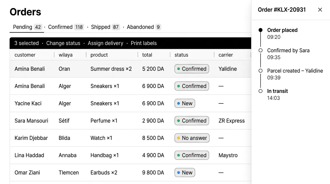 Kllix orders table with status tabs, bulk actions and order timeline